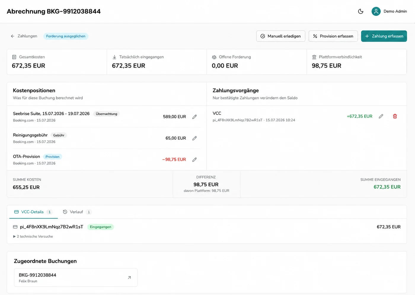 Abrechnungsdetail mit VCC-Zahlungsvorgang und Kostenpositionen in GuestNova