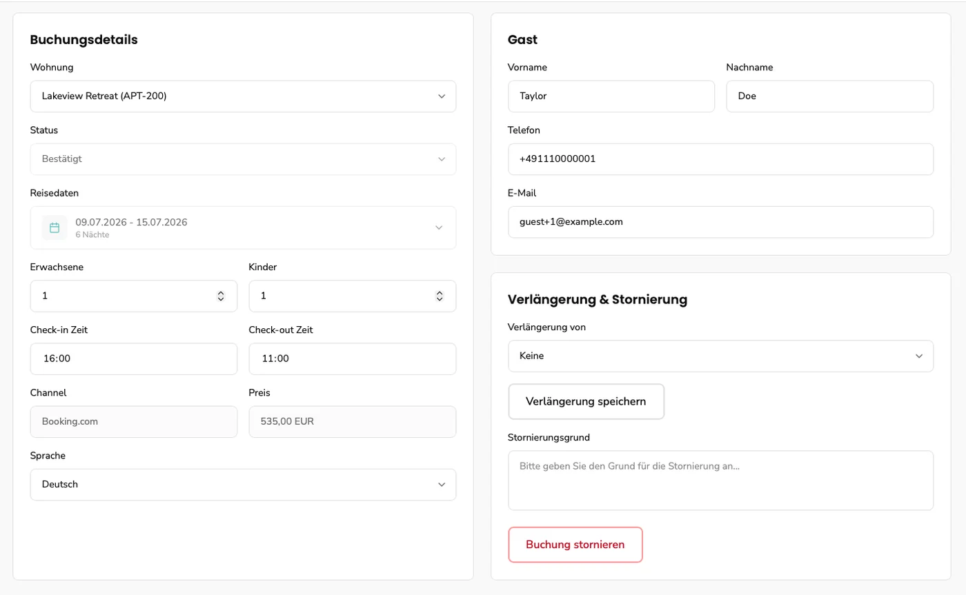 Detaillierte Buchungsansicht in GuestNova