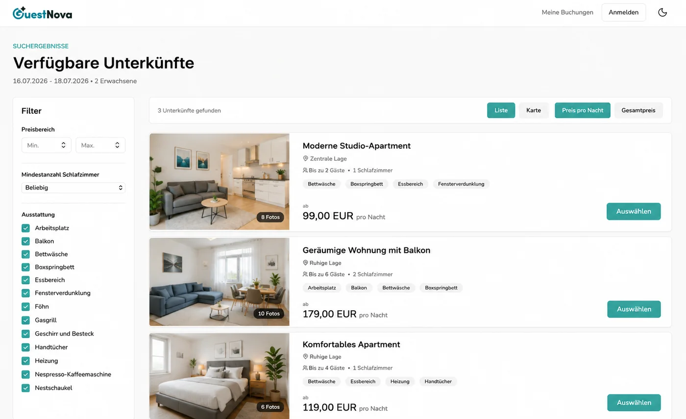 Suchergebnisse der GuestNova Booking Engine