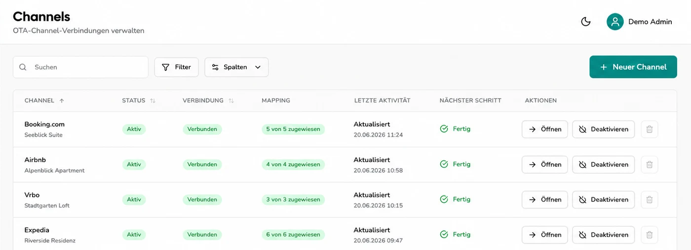OTA-Channel-Verbindungen in GuestNova