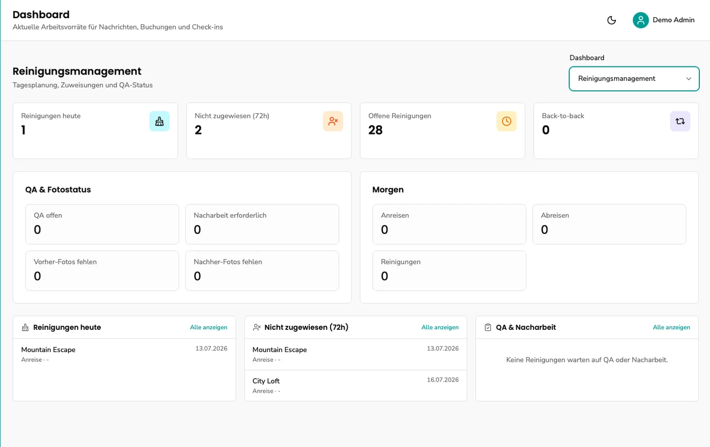 Reinigungsmanagement-Dashboard in GuestNova mit QA- und Fotostatus