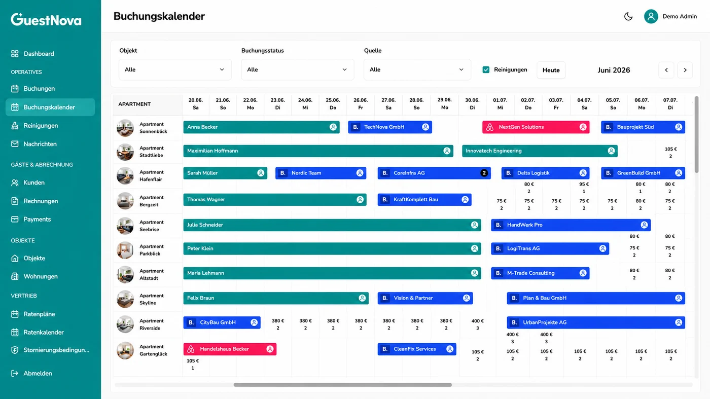 GuestNova – Buchungskalender über alle Objekte