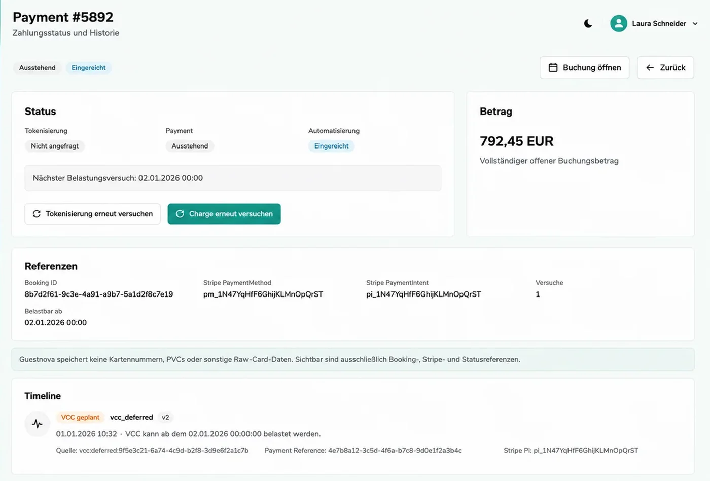 Payment-Detail mit VCC-Timeline in GuestNova