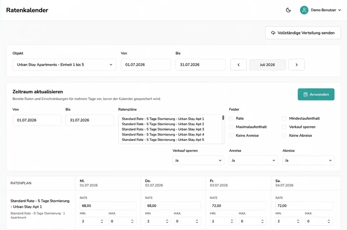 Ratenkalender mit dynamischen Preisen in GuestNova