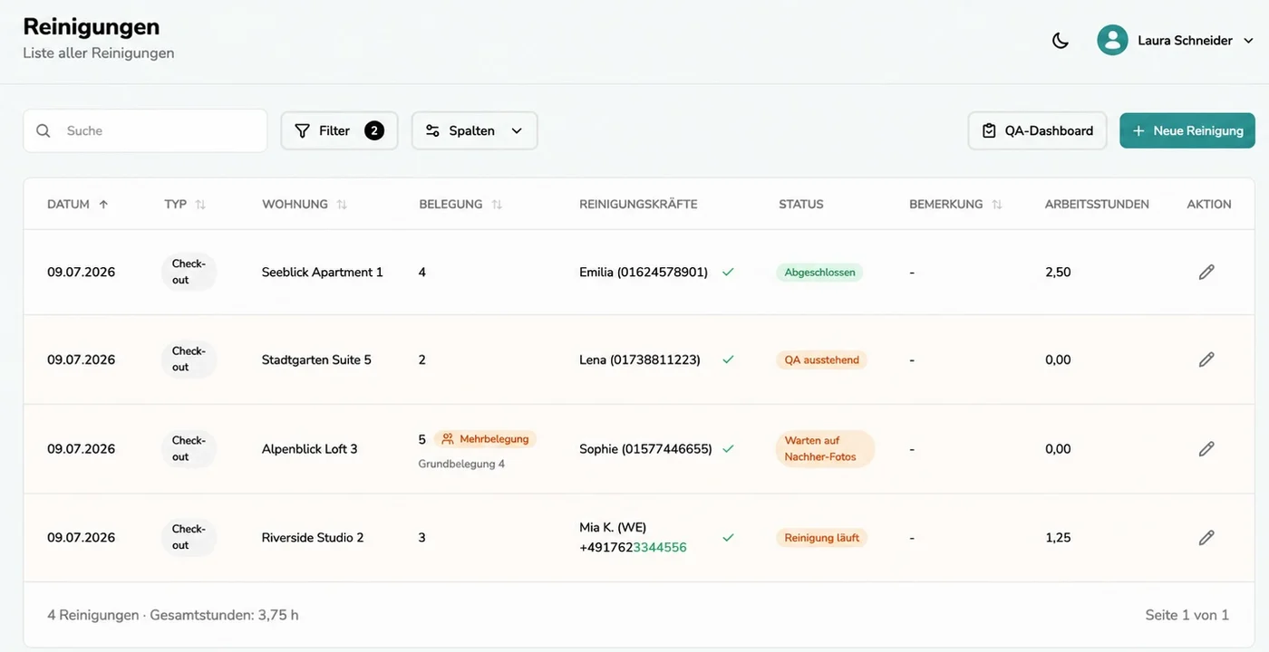 Reinigungsliste mit QA-Status in GuestNova