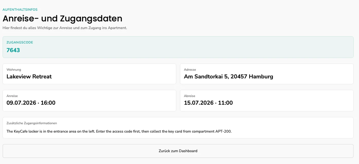 Anreise- und Zugangsdaten im Gästeportal